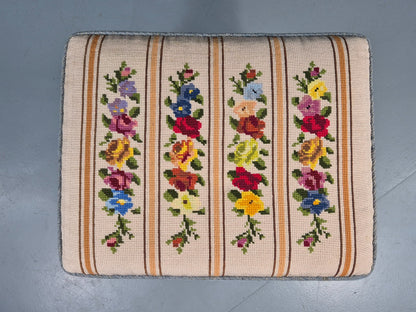 Vintage Danish Midcentury Footstool with Tapestry Floral Top 1960s EB12029