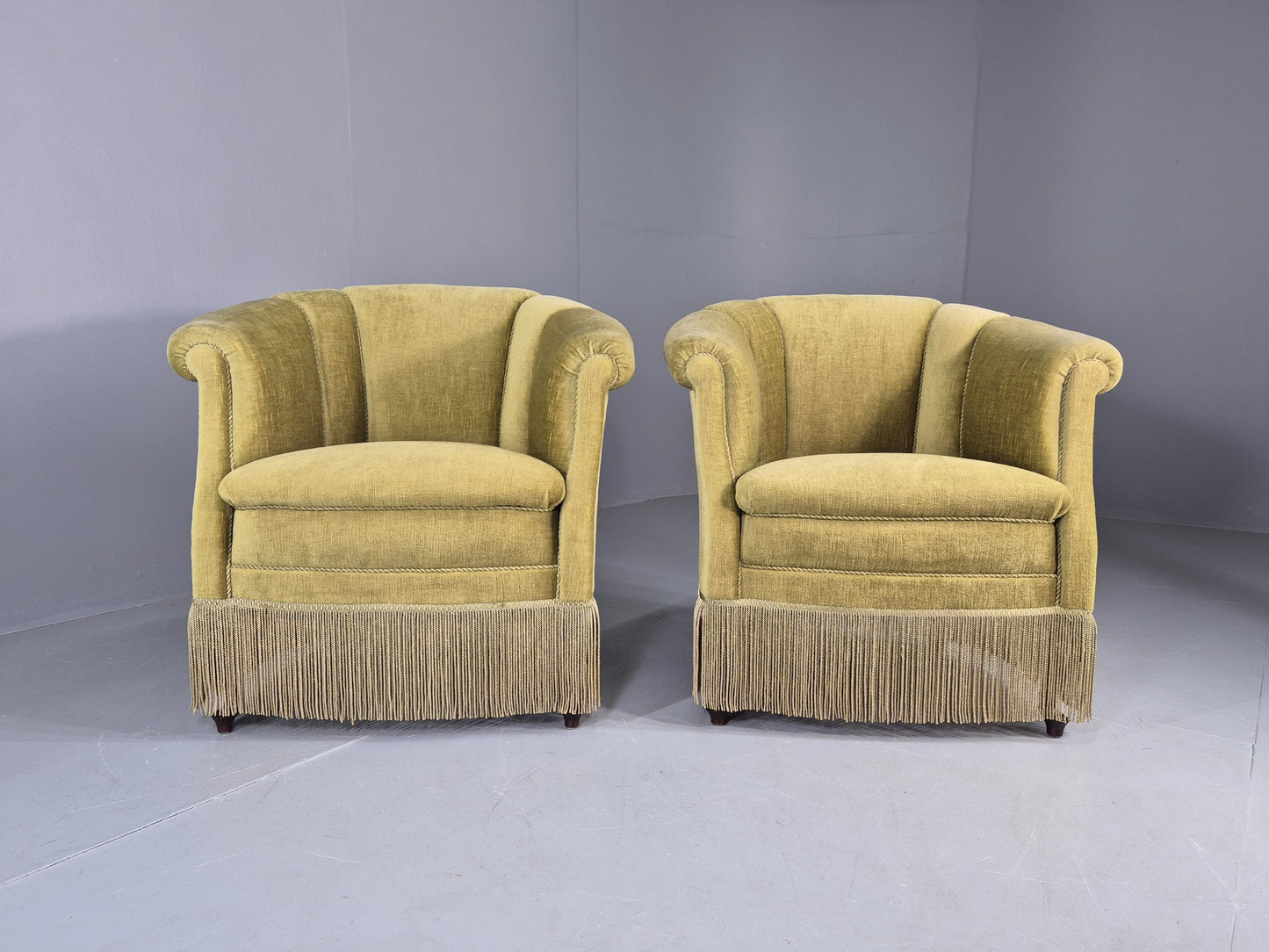 Pair Art Deco Tub Chairs Danish Design 1950s Green Velour Tassels Retro EB12715