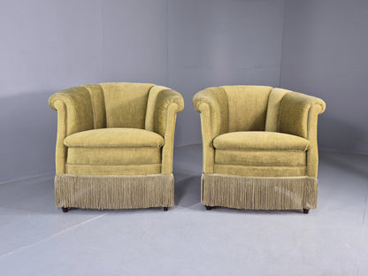 Pair Art Deco Tub Chairs Danish Design 1950s Green Velour Tassels Retro EB12715