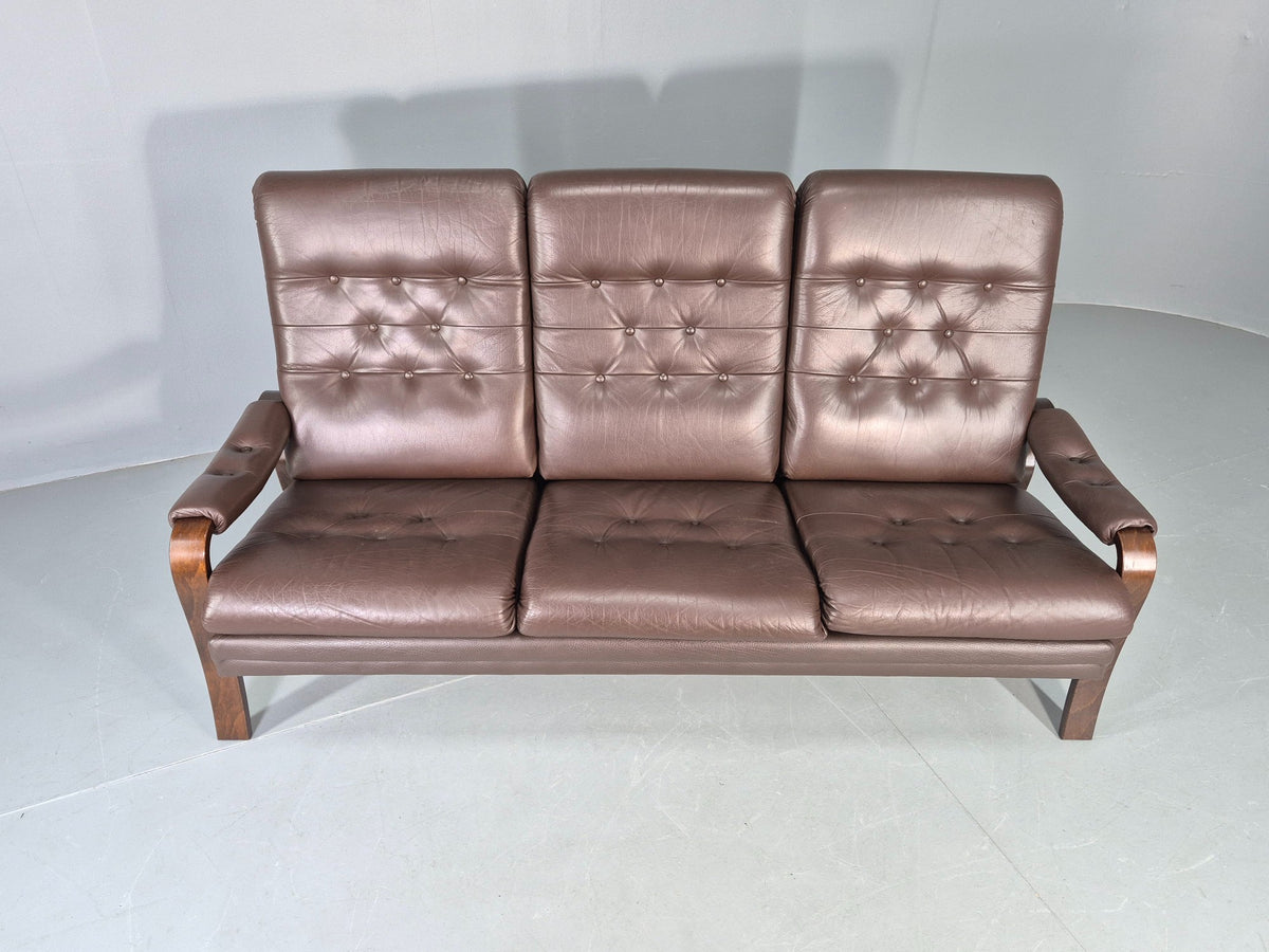 Vintage Danish 3 Seat Sofa Brown Leather Bentwood Frame 1980s Retro MCM EB13062