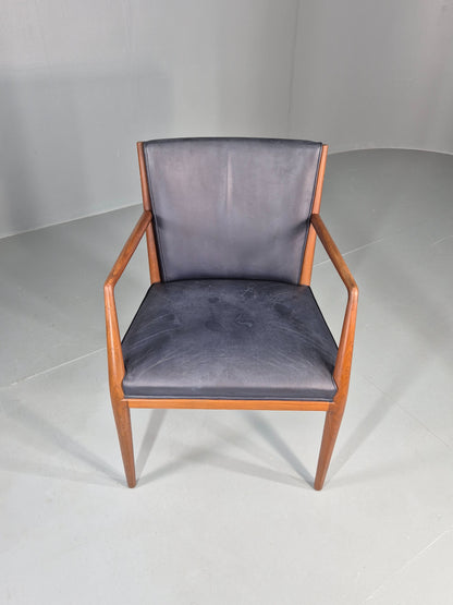 Vintage Mid Century Teak Armchair Blue Leather 1960s Retro EB11903
