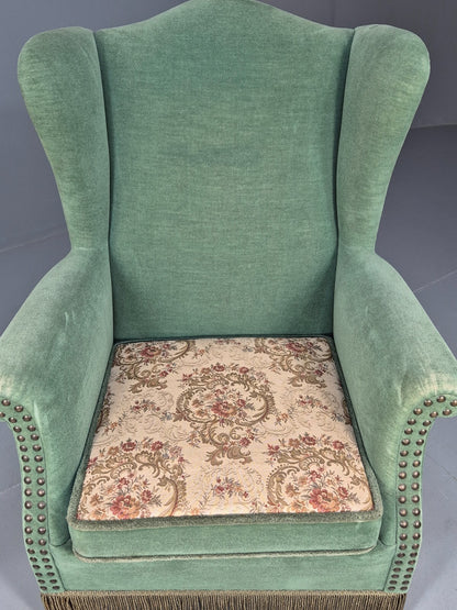 Vintage Danish Wingback Lounge Chair Green and Cream Floral Tassels EB9610 VCLO