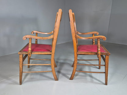 2 Antique Elbow Chairs Danish Oak Frame Red Leather 1900s EB07393