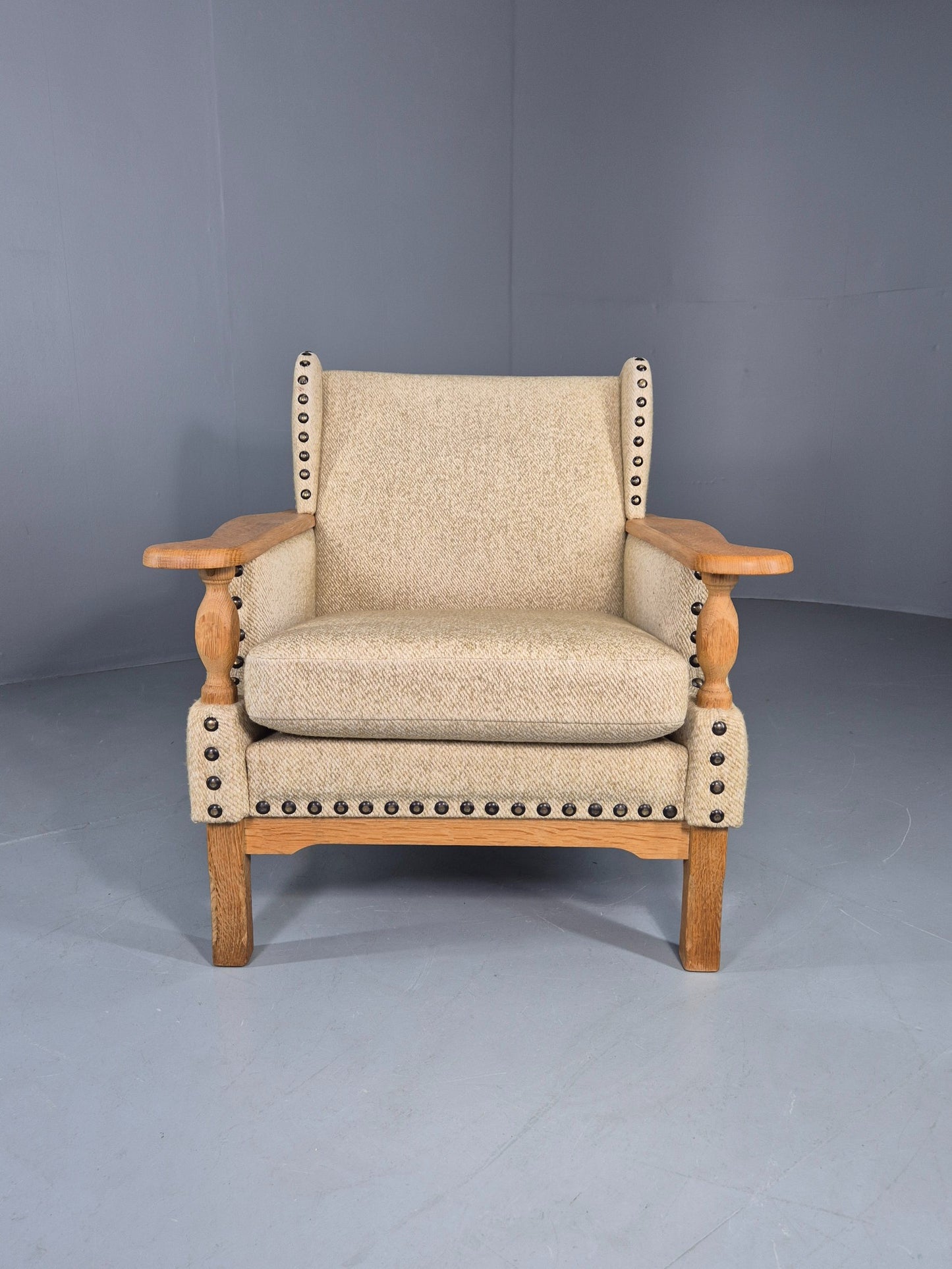 Vintage 1970s Lounge Chair Low Wing Back Kjaernulf Style Oak Retro Cream EB12719