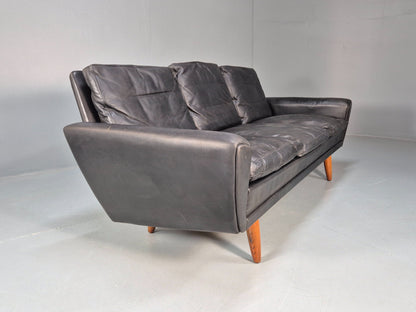 Vintage 3 Seater Black Leather Sofa 1960s Danish Thams Retro MCM EB09926
