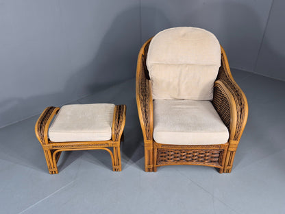 Vintage Bamboo and Rattan Chair and Footstool 1980s Retro Conservatory EB12808