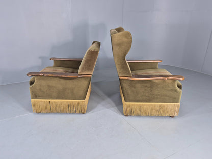 2 Vintage Danish 1970s Lounge Chairs Oak Kjaernulf Arms Green Stripe EB12686