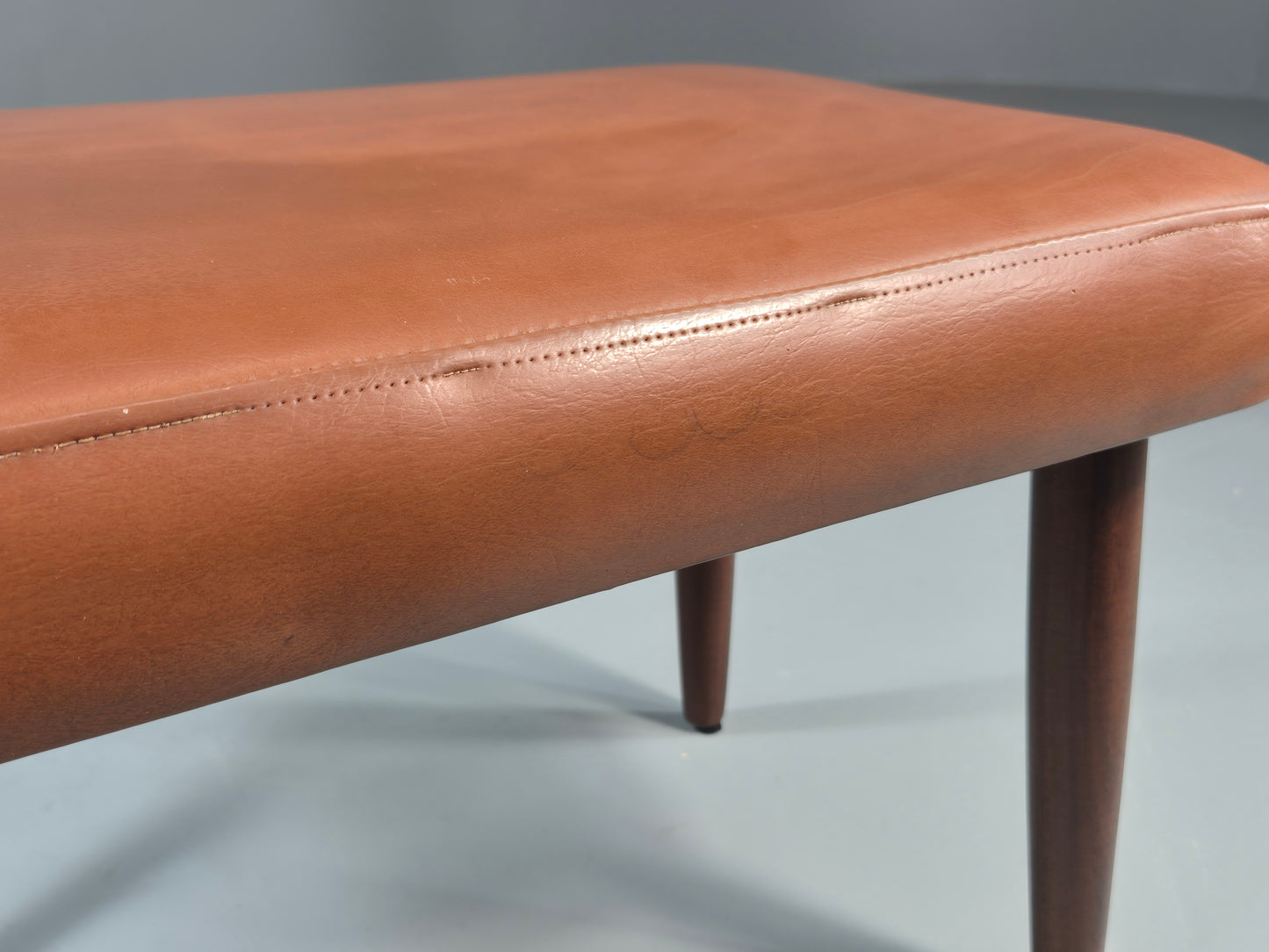 Vintage Danish Mid Century Footstool Teak Legs Brown Vinyl  1960s Retro EB12023