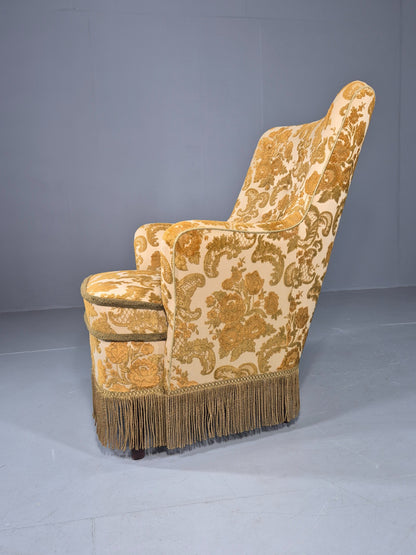Vintage Danish 1970s Bedroom Tub Chair Gold Floral Flock Tassels EB12685