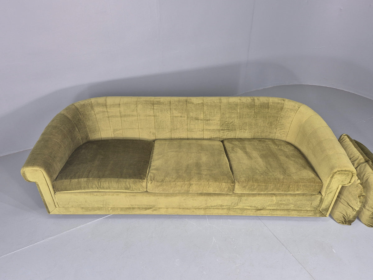Vintage 3 Seater Sofa 1970s Danish Roll top back Green Velour MCM Retro EB12722