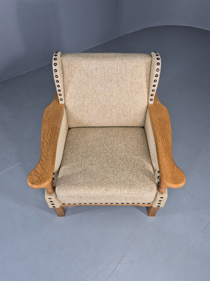 Vintage 1970s Lounge Chair Low Wing Back Kjaernulf Style Oak Retro Cream EB12719