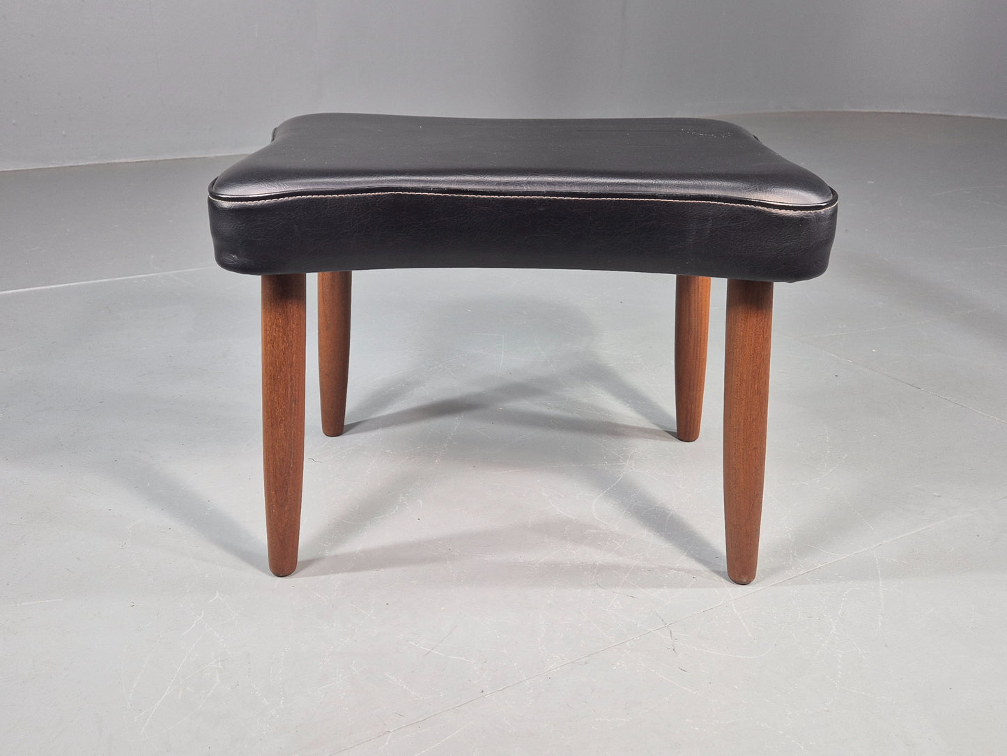 Vintage Danish Mid Century Footstool Black Vinyl Teak Legs 1960s Retro EB12098