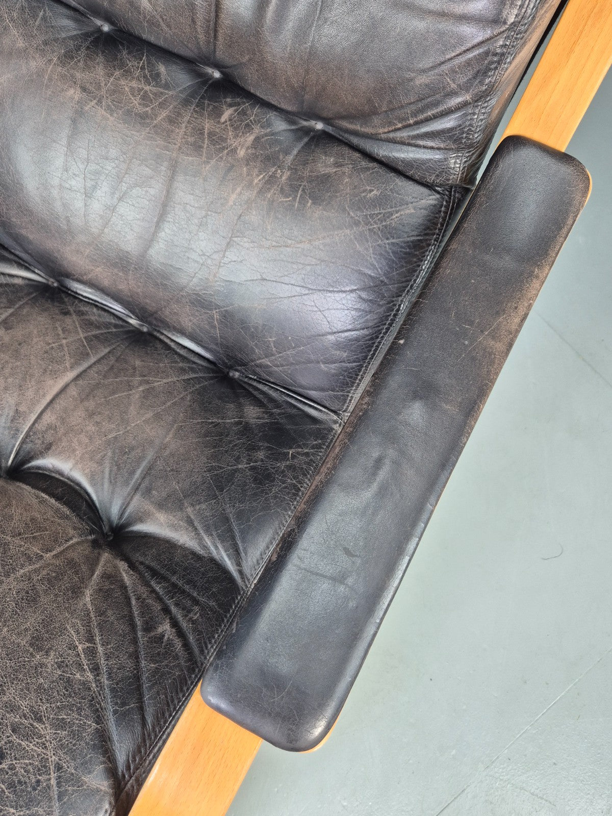 Vintage 1970s Danish Lounge Chair Black Leather and Bentwood MCM Retro EB13082