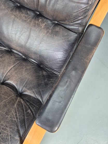 Vintage 1970s Danish Lounge Chair Black Leather and Bentwood MCM Retro EB13082