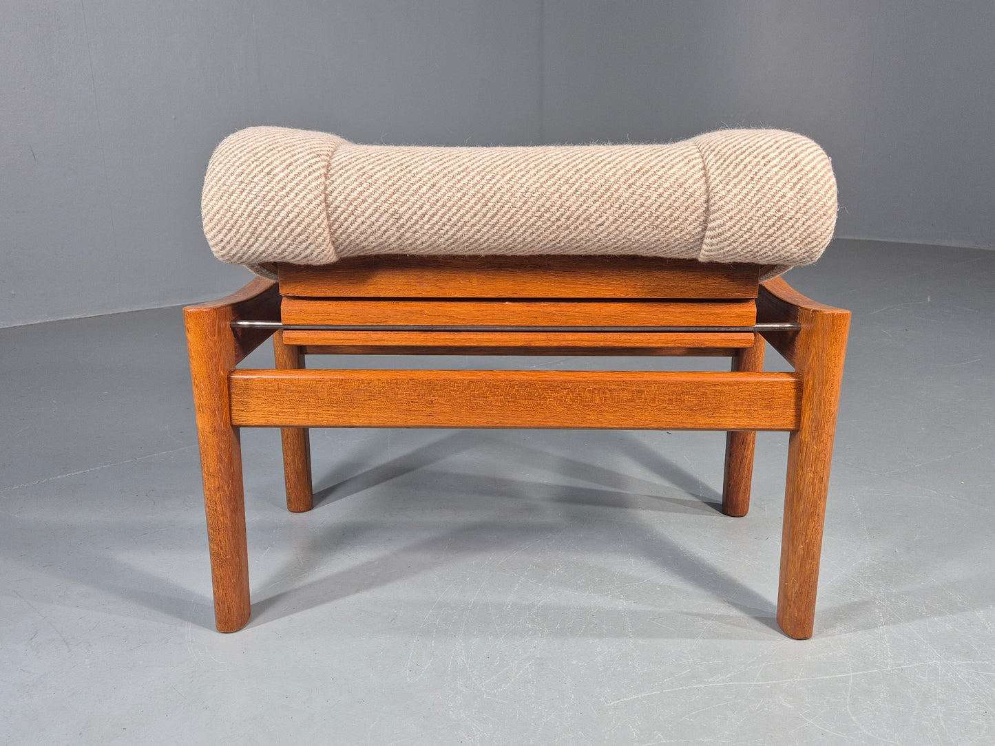 Vintage Mid Century Danish Footstool Teak Cream wool 1970s Retro EB12046