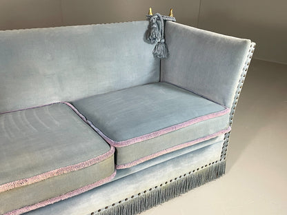 Vintage 2 Seater Knole Sofa Danish Blue Velvet Velour 1950s Tassles Trim EB06007