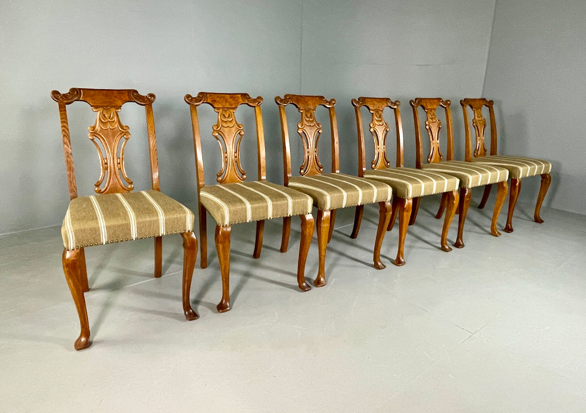 6 Vintage Antique Chippendale Style Danish Dining Chairs Walnut and Oak EB06709