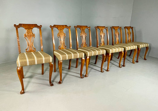 6 Vintage Antique Chippendale Style Danish Dining Chairs Walnut and Oak EB06709