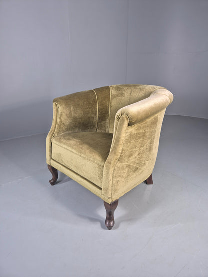Vintage Danish Art Deco Tub Chair Green Velour Cabriole Legs 1940s EB12717