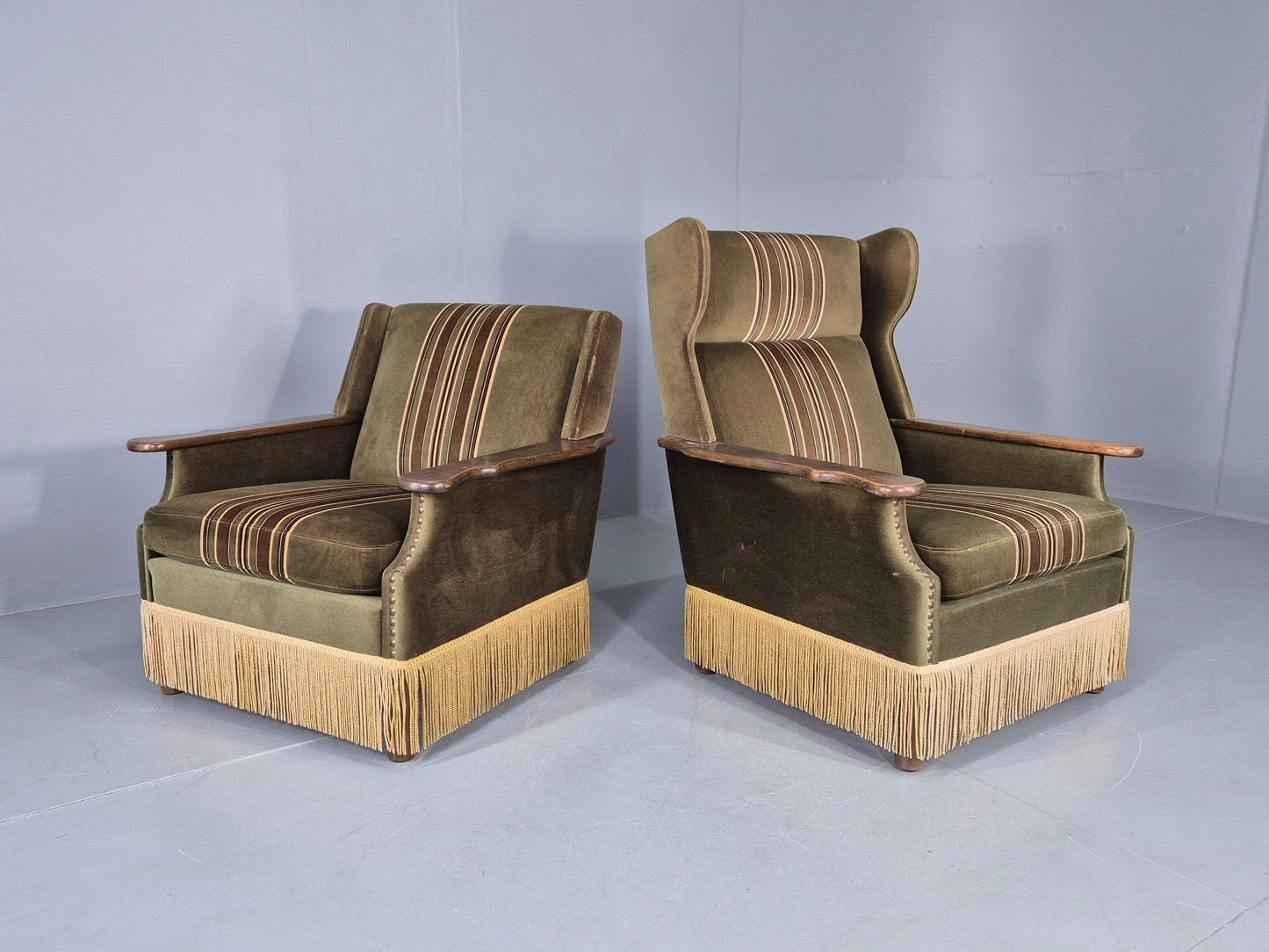 2 Vintage Danish 1970s Lounge Chairs Oak Kjaernulf Arms Green Stripe EB12686