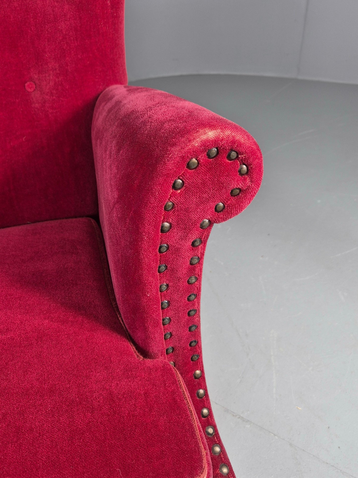 Vintage Wingback Lounge Chair Red Velour Cream Cushion Danish 1960s EB12762