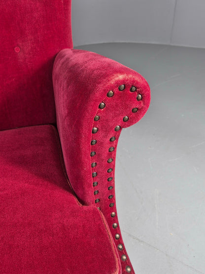 Vintage Wingback Lounge Chair Red Velour Cream Cushion Danish 1960s EB12762