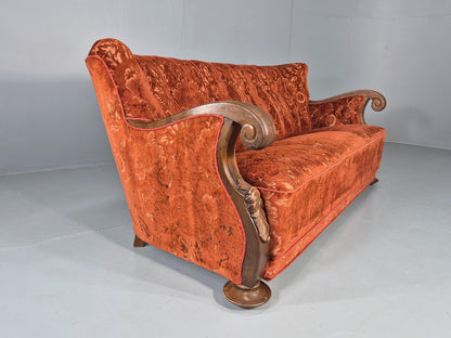 Vintage 3 Seat Sofa Danish Art Deco Era Carved Oak Frame Moquette Cloth EB12751