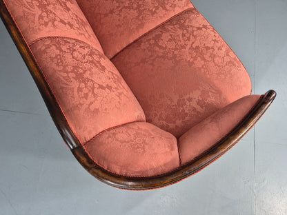 Vintage Danish Art Deco 3 Seater Sofa Carved Hardwood Frame Pink Damask EB12742
