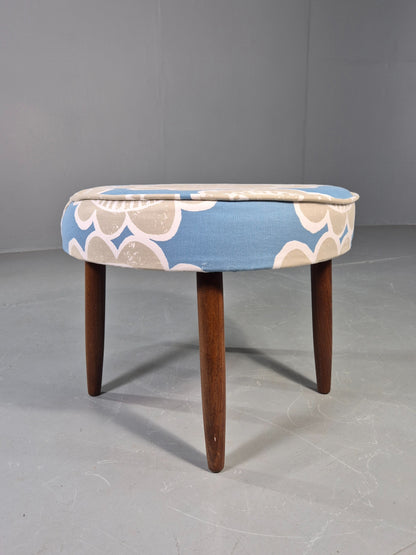 Vintage Danish 1960s Footstool with Floral Cotton Print Cover Retro MCM EB12786