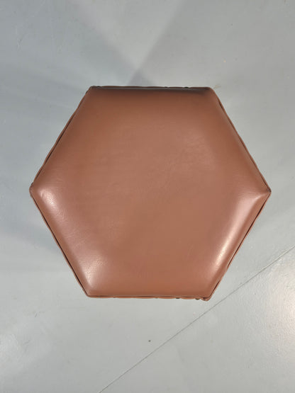 Vintage Stool Brown Vinyl Upholstery Oak Bobbin Turned Frame Hexagonal EB11306