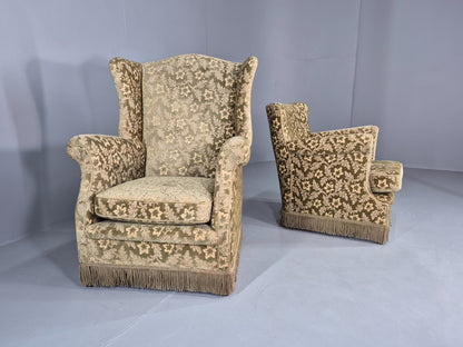2 Vintage Danish Armchairs Green Floral Moquette Tassels 1960s Cottage EB12689