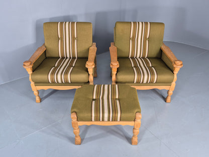 2 vintage Kjaernulf Armchairs with footstool Oak and Green Retro 1970s EB12778