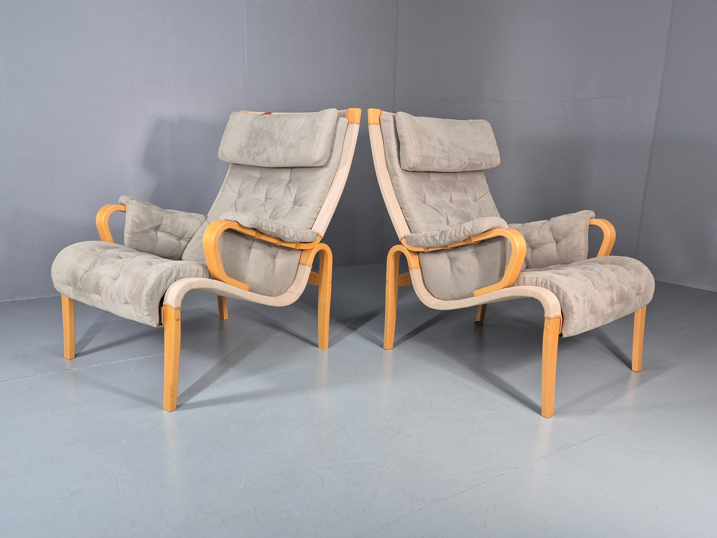 2 Pernilla Lounge Chairs Sweden Vintage Bruno Mathsson Blue Grey EB11336