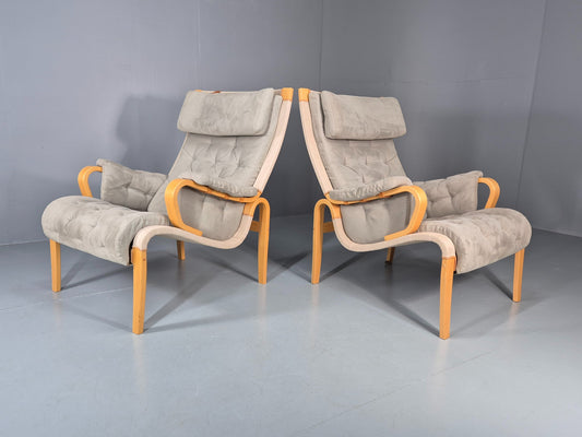 2 Pernilla Lounge Chairs Sweden Vintage Bruno Mathsson Blue Grey EB11336
