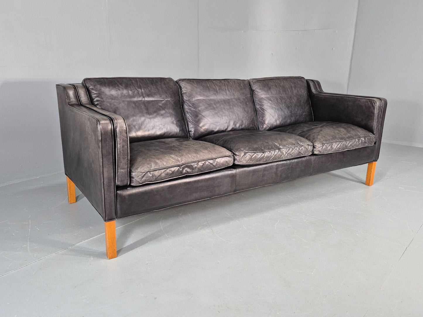 Vintage Stouby 3 Seat Sofa Black Leather 1980s Retro MCM Mogensen Style EB12427
