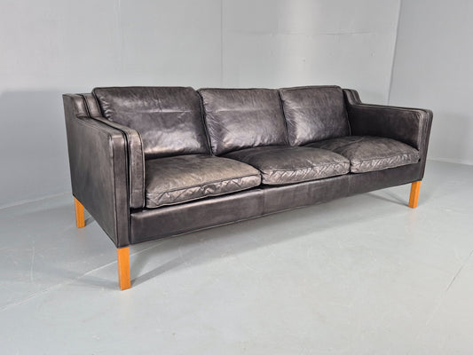 Vintage Stouby 3 Seat Sofa Black Leather 1980s Retro MCM Mogensen Style EB12427