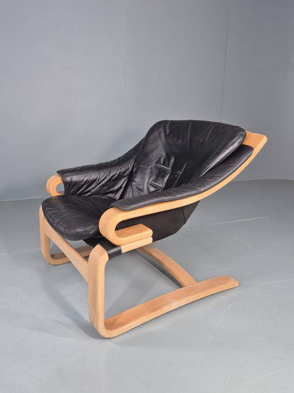 Vintage 1970s Lounge Chair Krokken By Fribytter Leather Bentwood Retro EB11998