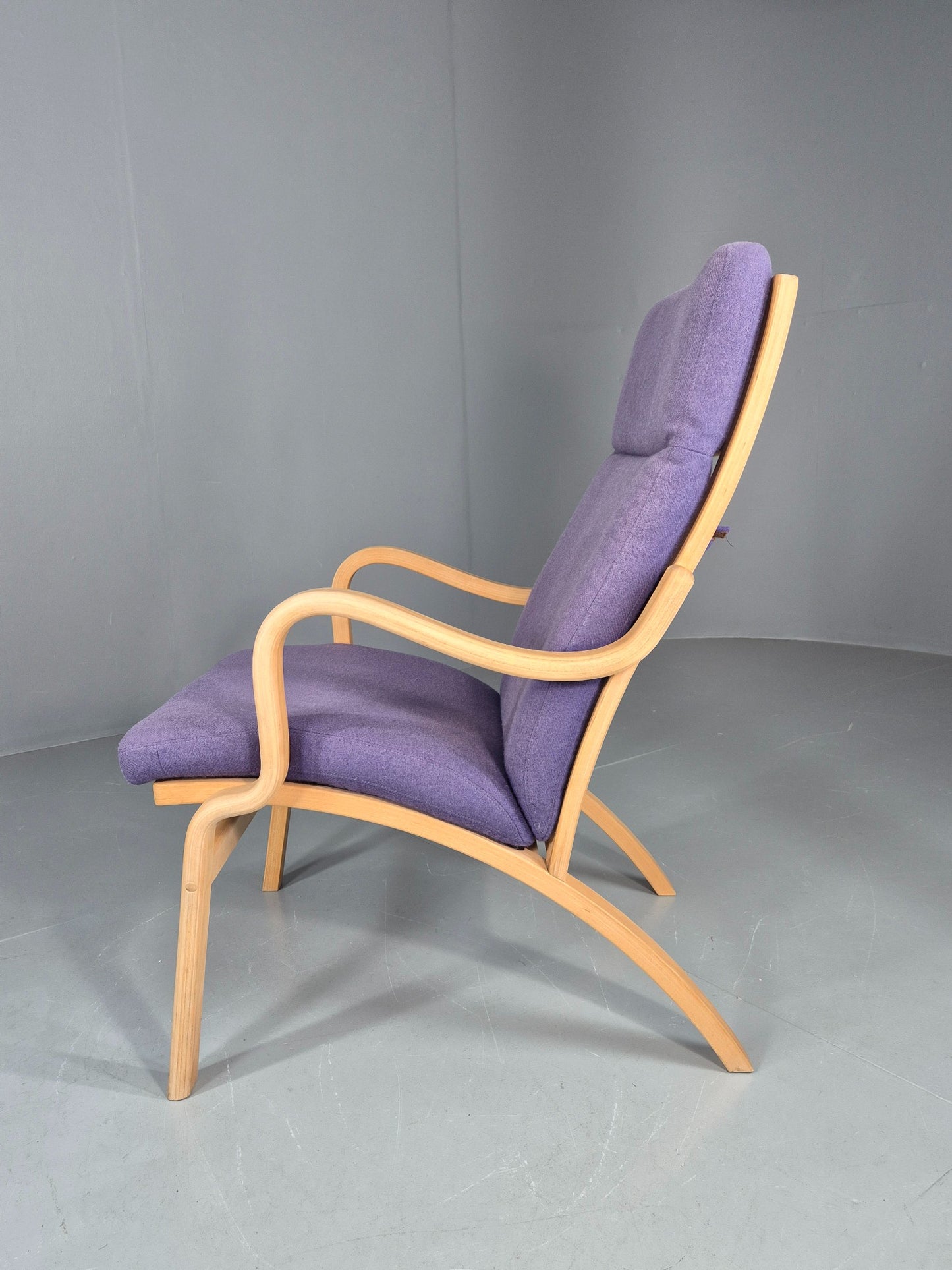Vintage Mid Century Lounge Chair Bentwood Frame Danish Purple Wool 1980s EB12136
