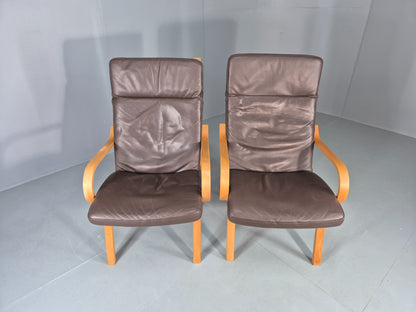 2 Vintage Danish Leather Lounge Chairs Bent Wood Frames 1980s Retro EB13073