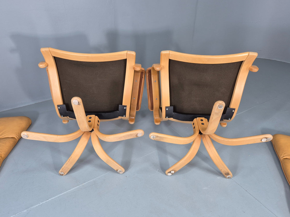 2 Vintage Tan Leather Lounge Chairs 1980s Danish Swivel Bentwood Bases EB13081