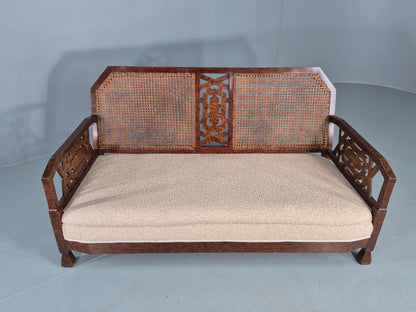 Vintage Art Deco 3 Seat Sofa Dappled Walnut White Boucle Bergere EB12557