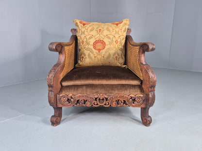 Vintage Danish Oak Lounge Chair Antique Bergere Carving Baroque 1920s EB12677