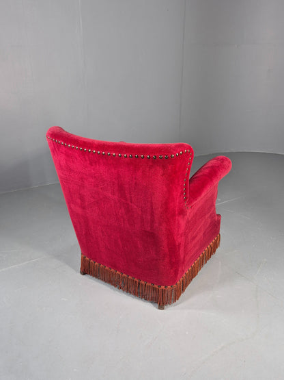 Vintage Wingback Lounge Chair Red Velour Cream Cushion Danish 1960s EB12762