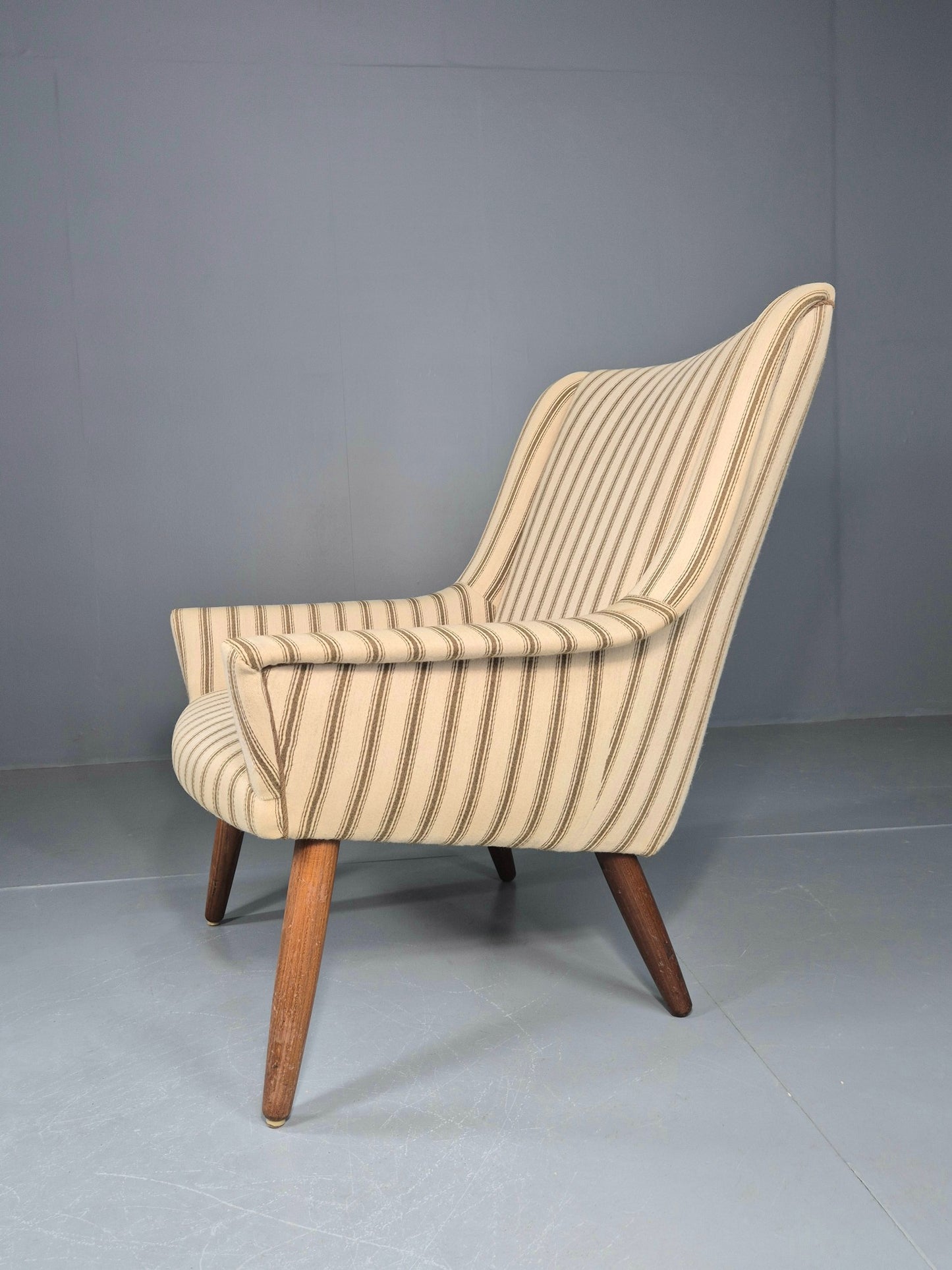 Vintage Mid Century Lounge Chair Danish Design 1960s Cream Wool Stripe EB12095
