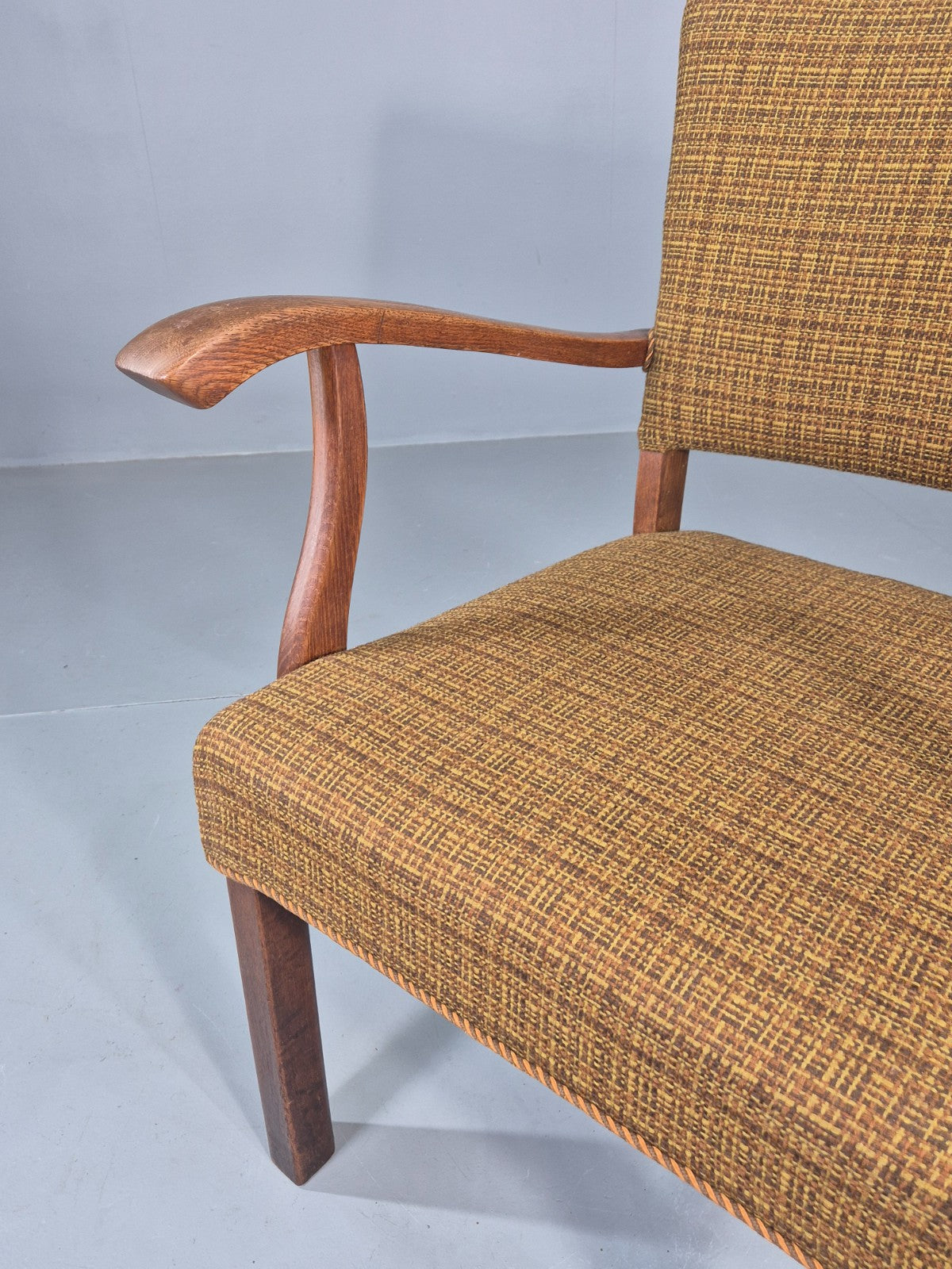 Vintage Elbow Chair 1950s Danish Oak Frame Green Wool Upholstery EB12004
