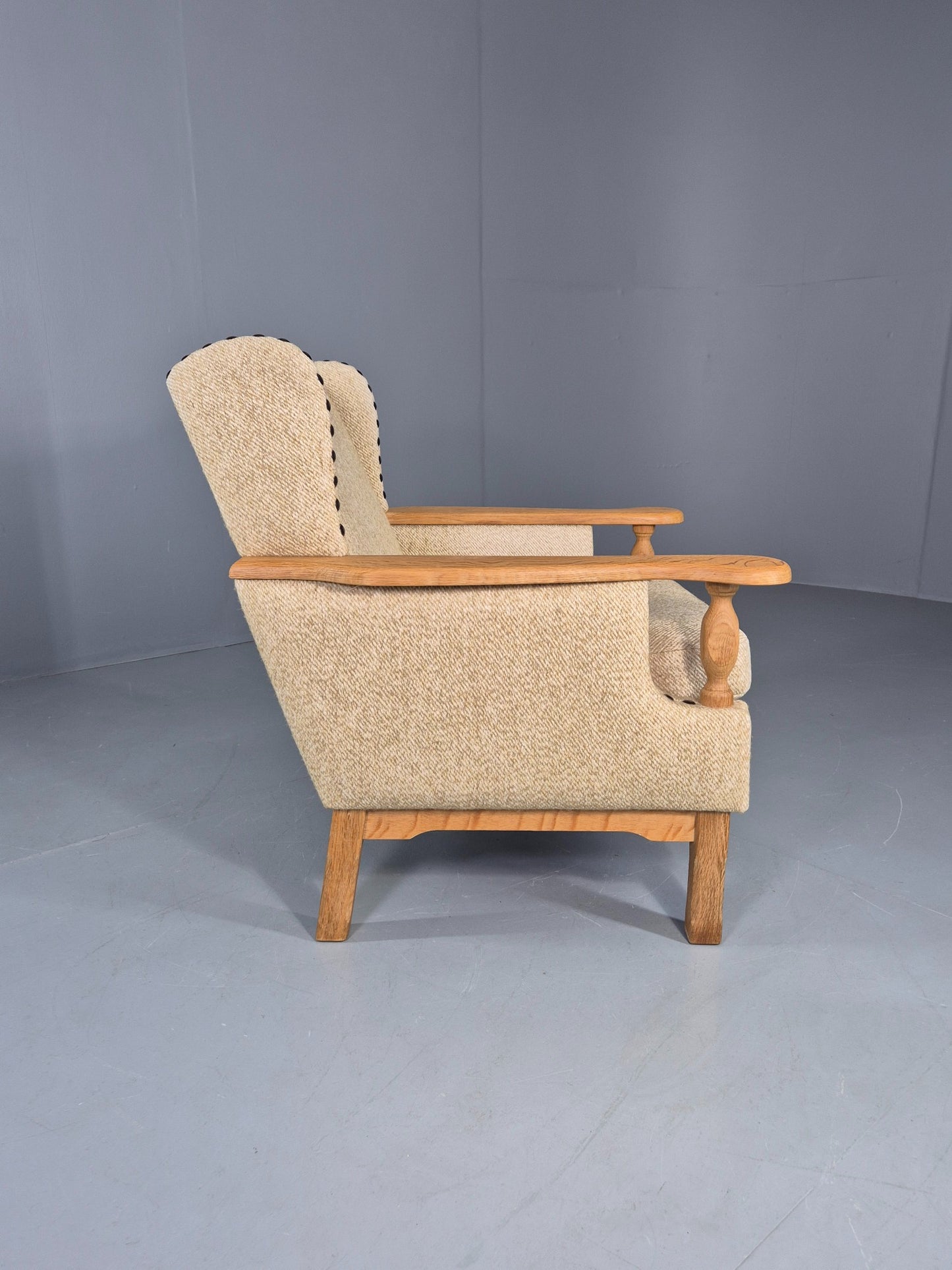 Vintage 1970s Lounge Chair Low Wing Back Kjaernulf Style Oak Retro Cream EB12719