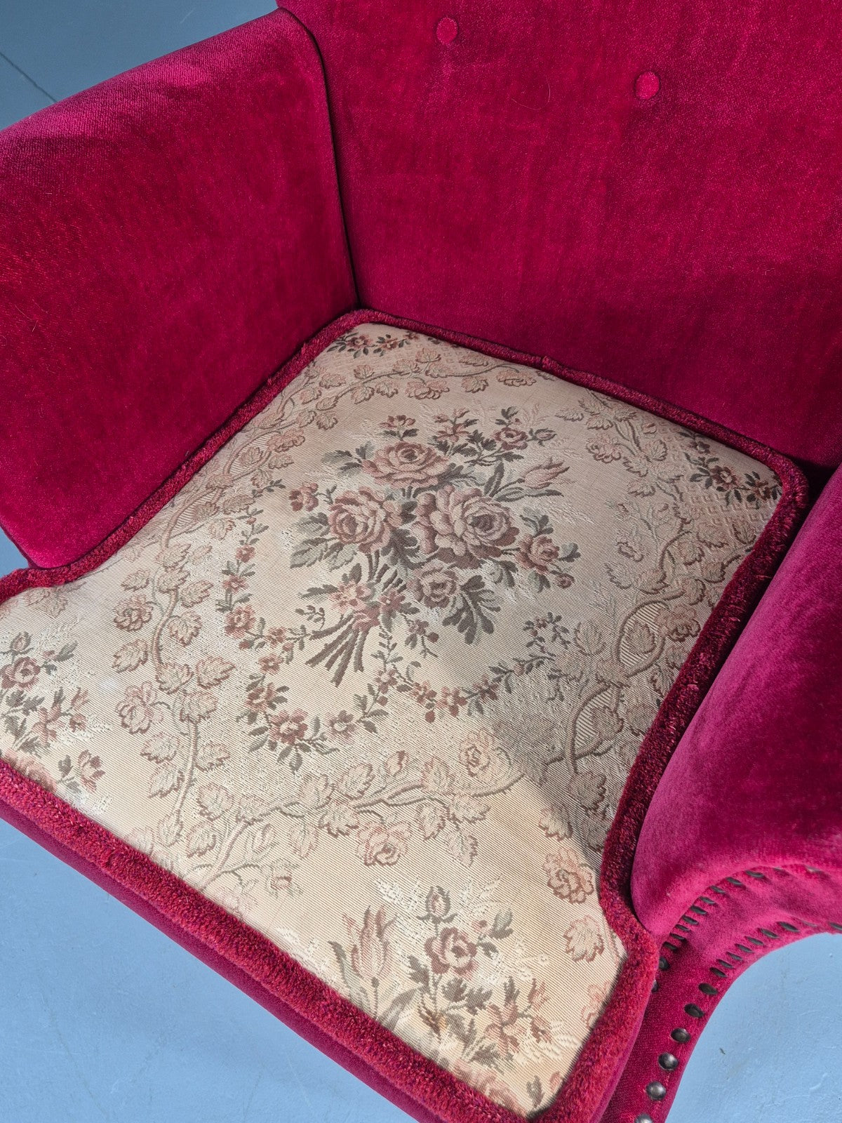Vintage Wingback Lounge Chair Red Velour Cream Cushion Danish 1960s EB12762
