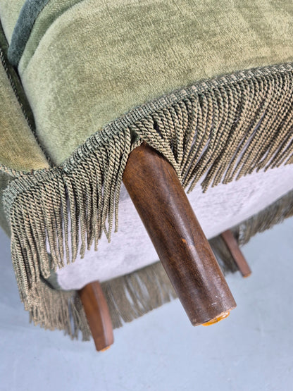 Vintage 1950s Armchair Danish Design Green Velour Tassels Art Deco EB12711