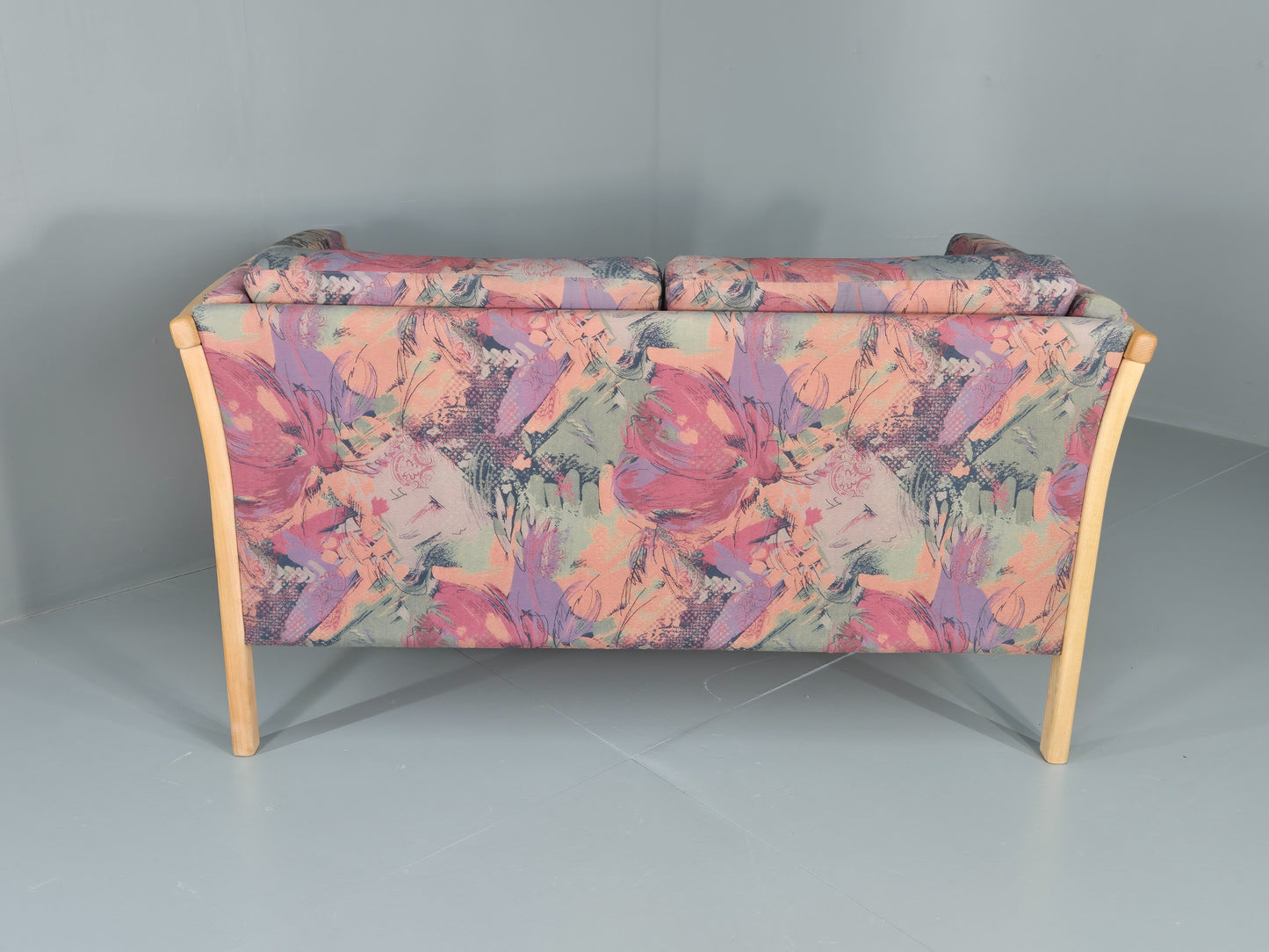 Vintage Stouby 2 Seater Sofa Floral Cotton Print 1980s Retro Beech Ends EB12448