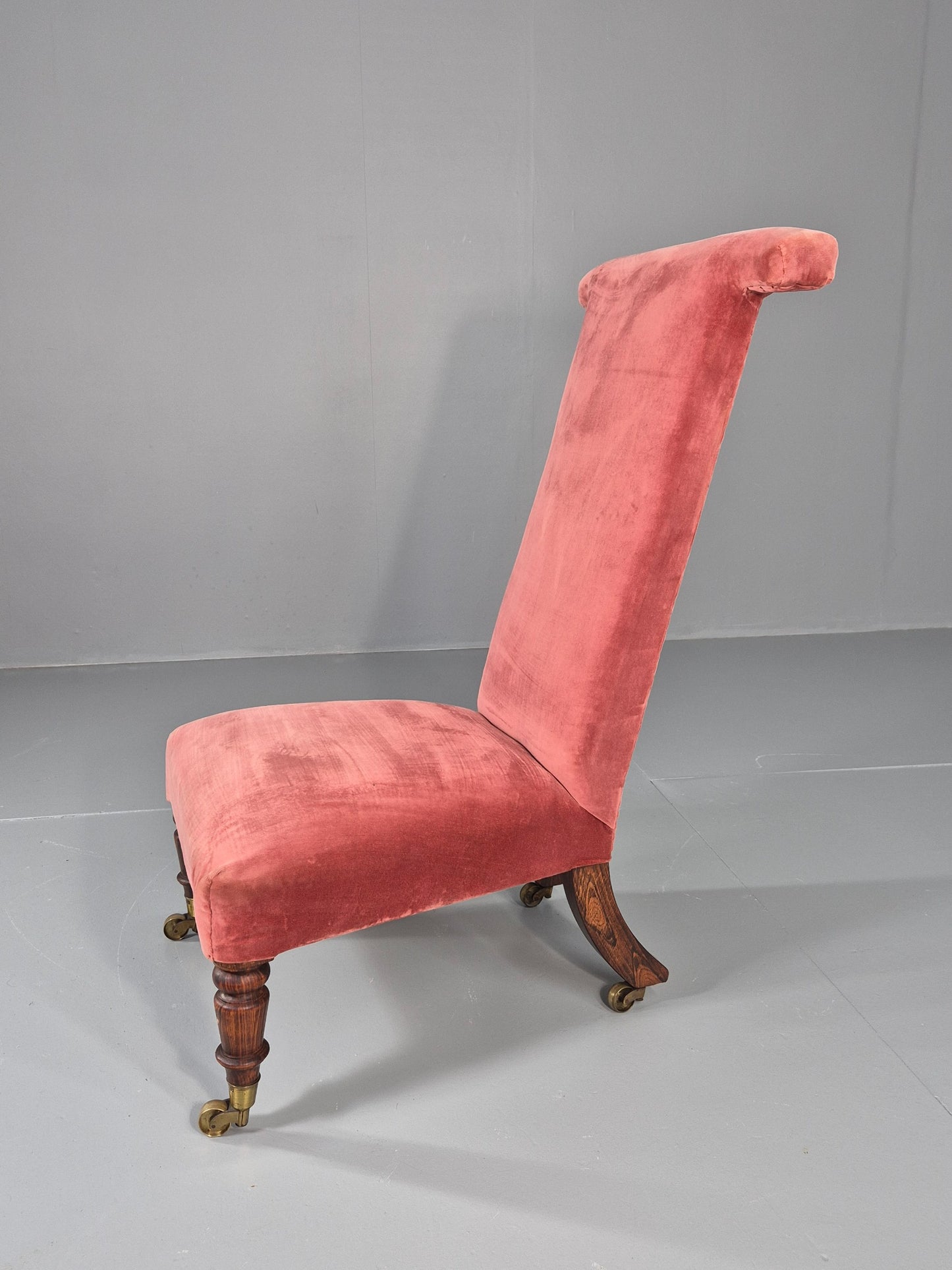 Antique Prayer or Slipper Chair Hot Pink Velvet Velour Upholstery 1900s EB12456